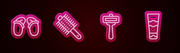 istock Set line Flip flops, Hairbrush, Shaving razor and Tube of toothpaste. Glowing neon icon. Vector 1480623190