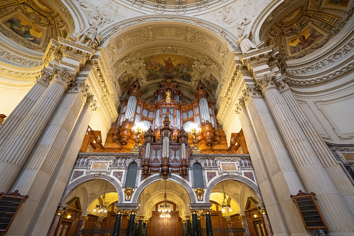 Berlin, Germany - Sep 16, 2019: Berlin Cathedral Pipe Organ - Berlin, Germany