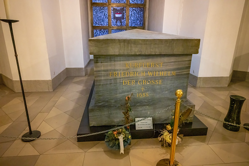 Berlin, Germany - Sep 16, 2019: Great Elector Friedrich Wilhelm Tomb at Hohenzollern crypt under Berlin Cathedral - Berlin, Germany