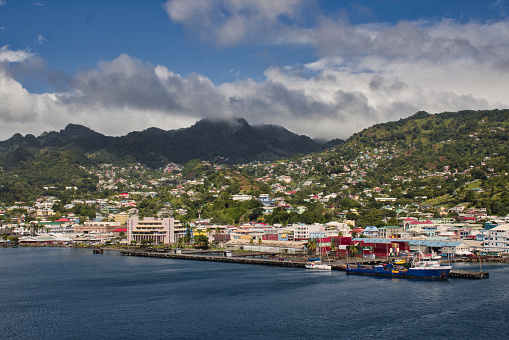 Port of Kingstown with green mountains in background at St Vincent And The Grenadines.