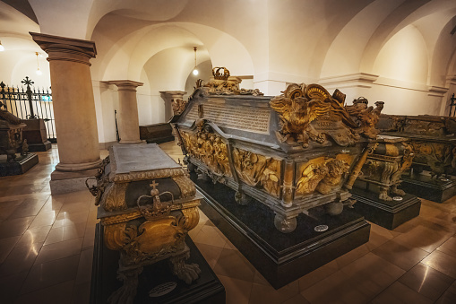 Berlin, Germany - Sep 16, 2019: Tombs at Hohenzollern family crypt under Berlin Cathedral - Berlin, Germany
