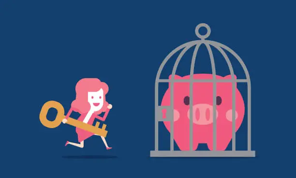 Vector illustration of Businesswoman unlocking a piggy bank from a cage