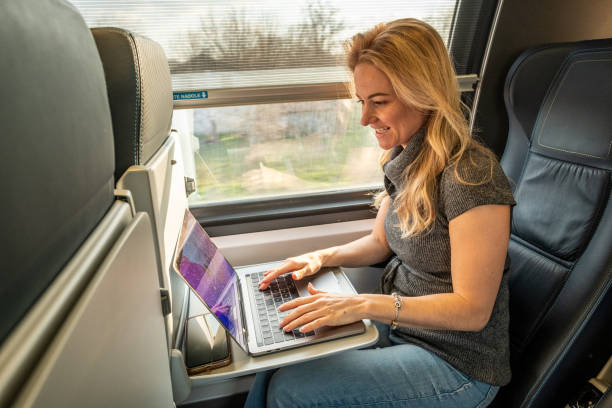 istock woman on the train at the laptop 1480628455