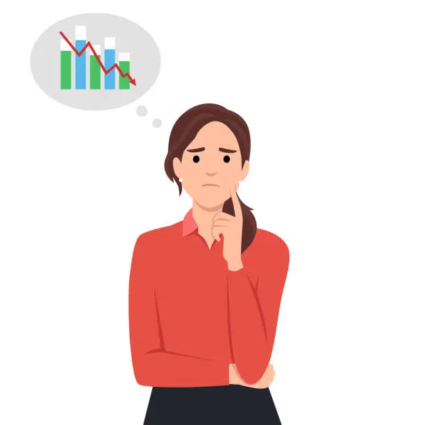 Vector illustration of Woman think about stock down trend. Stock market crash, crypto price fall, loss money from financial crisis or wrong speculation of trading concept