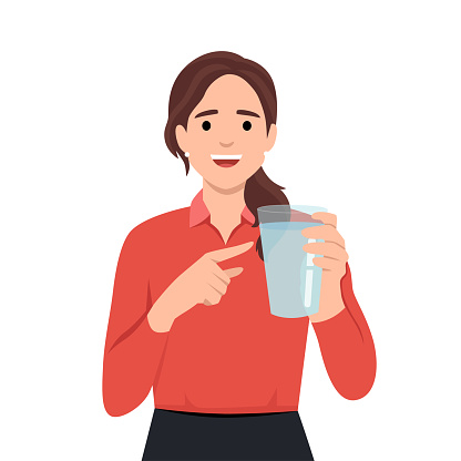 Woman holding a glass of water to promote. Suggestions for staying hydrated. Flat vector illustration isolated on white background