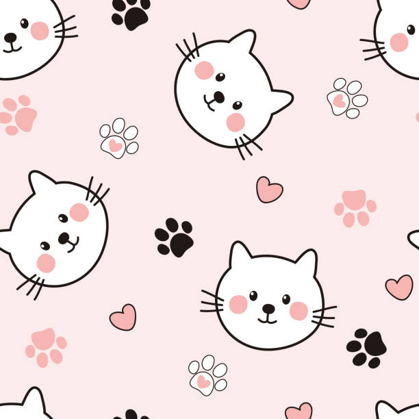 bezszwowy dziecięcy wzór z uroczymi kotami. kreskówkowe tło z uśmiechniętymi kotami, odciskami łap i sercami. - heart shape pink background cartoon vector stock illustrations