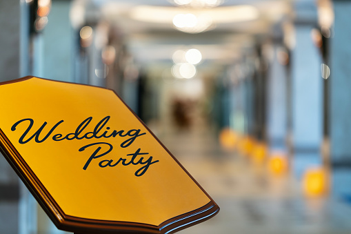 Wedding Party Sign in a Luxury Place. Stock photo.