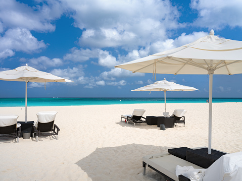 Chairs and Umbrellas on Eagle Beach in Aruba