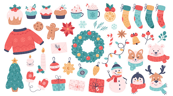 Christmas elements collection. Merry Christmas, Happy New Year objects. Winter time. Vector illustration