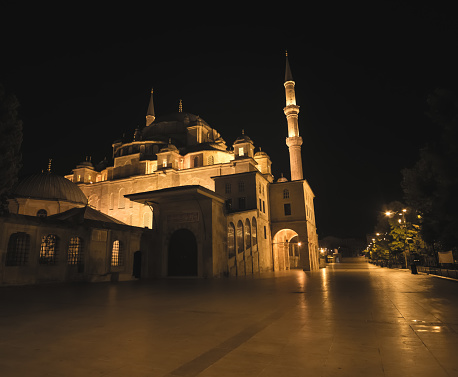 Night evening view of a mosque with minarets in Istanbul, a mosque with evening illumination