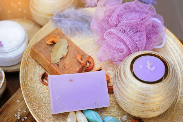 istock Fruit and lavender handmade artisan soap, lavender aromatic candle, spa set 1480637589