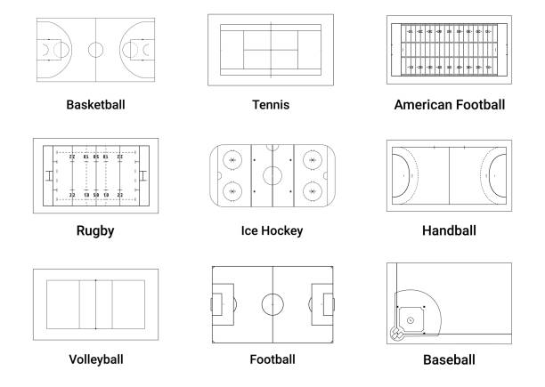 ilustrações de stock, clip art, desenhos animados e ícones de sports team game playing fields scheme sketch top view line icon set vector illustration - campo desportivo