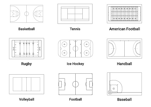 Sports team game playing fields scheme sketch top view line icon set vector illustration. Championship competition area football volleyball basketball tennis ice hockey rugby handball court zone plan