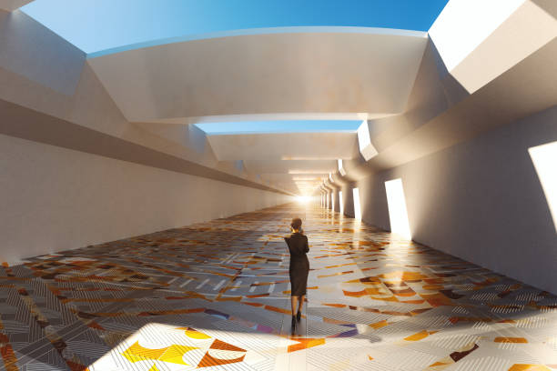 istock Woman walking in futuristic corridor 1480641977