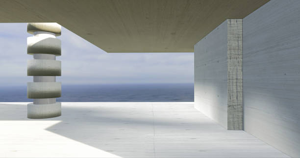 istock Abstract and empty wide concrete interior with partition wall on the right, rough floor, cylindrical column and outdoor view with ocean and sky background. 1480646332