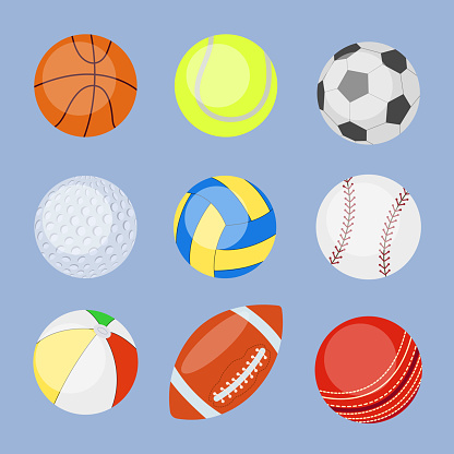 Collection of round and oval balls for sports events. Vector illustration. Set of various equipment for sports games isolated on a blue background.