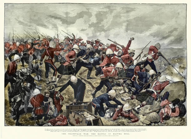 Battle of Majuba Hill during the the First Boer War, Victorian Military History, 1880s, 19th Century Vintage illustration of Battle of Majuba Hill during the the First Boer War, Victorian Military History, 1880s, 19th Century. The Battle of Majuba Hill on 27 February 1881 was the final and decisive battle of the First Boer War that was a resounding victory for the Boers. anglo boer war stock illustrations