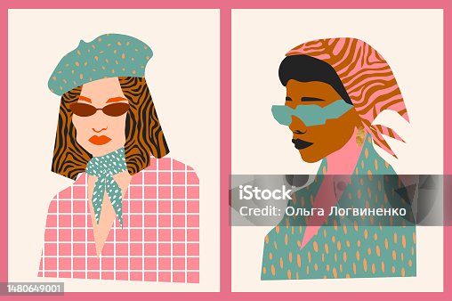 istock Abstarct female portraits. Paper cut mosaic style. Modern hand drawn vector illustrations. Flat design. Social media backgrounds. 1480649001