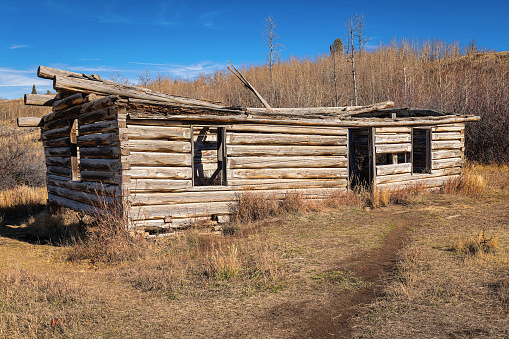 Abandoned log cabin homestead in the autumn landscape of Grand Teton National Park puiblic land with blue sky and clouds.
