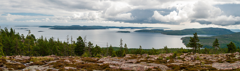 Landscape panorama with lakes and islands in Skuleskogen National Park in Sweden