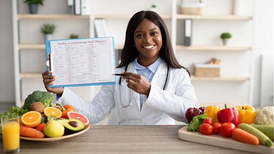 Right nutrition concept. Happy african american nutritionist showing weekly diet plan, sitting at desk with plates of fruits and vegetables. Dietitian looking and smiling at camera