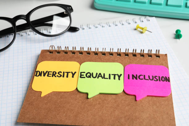 istock Sticky notes with words Diversity, Equality, Inclusion, notebooks and glasses on white table, closeup 1480657656