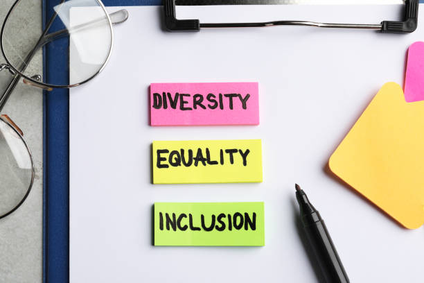istock Sticky notes with words Diversity, Equality, Inclusion, marker and glasses on grey table, top view 1480657666