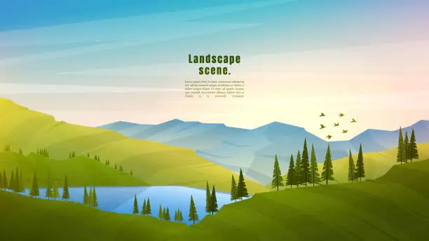 Vector illustration of Vector illustration. Flat polygonal design. Nature landscape. Panoramic view. Design element for web banner, website template. Cartoon style. Forest trees on hills by the water. Misty mountains