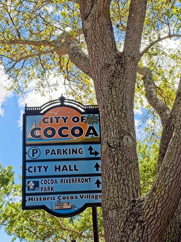 Sign depicting directions into the old town section of Cocoa village Florida.