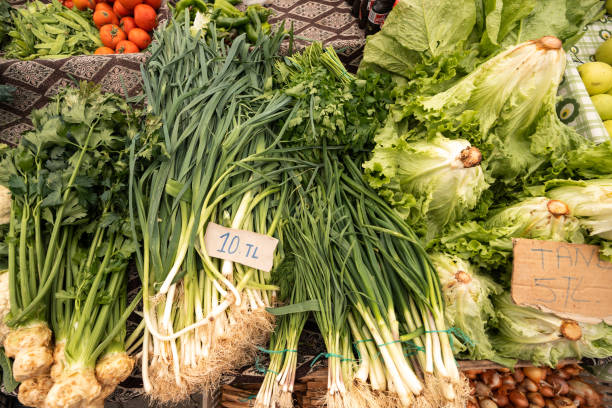 istock Fresh greenery and salad in Turkish market with prices. 1480661993