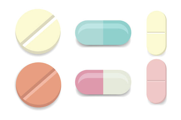 wektorowy zestaw tabletek i kapsułek. ikony leków. - vector vitamin pill purple orange stock illustrations