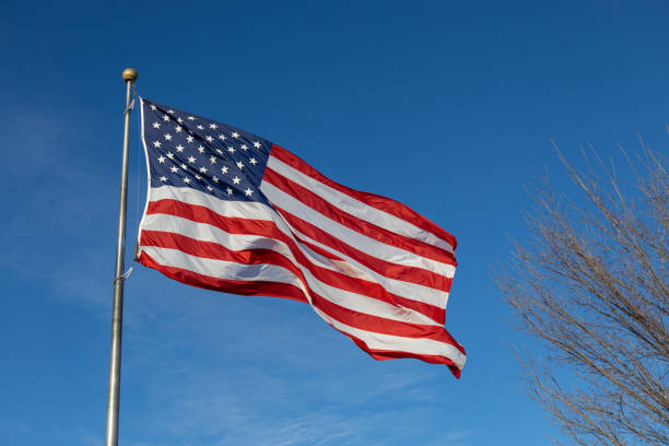 istock American flag on flagpole with blue sky 1480663580