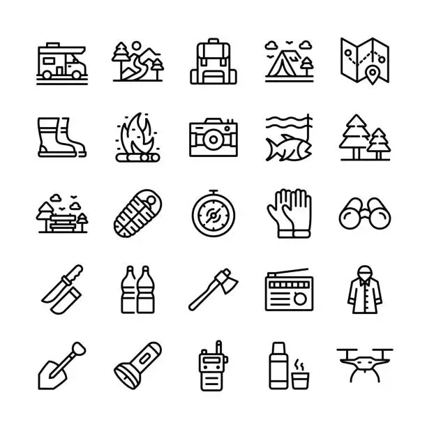 Vector illustration of Vector Illustration Graphic of Camping. Editable stroke size. Simple isolated icons. Sign, symbol, elements. Icon Set.