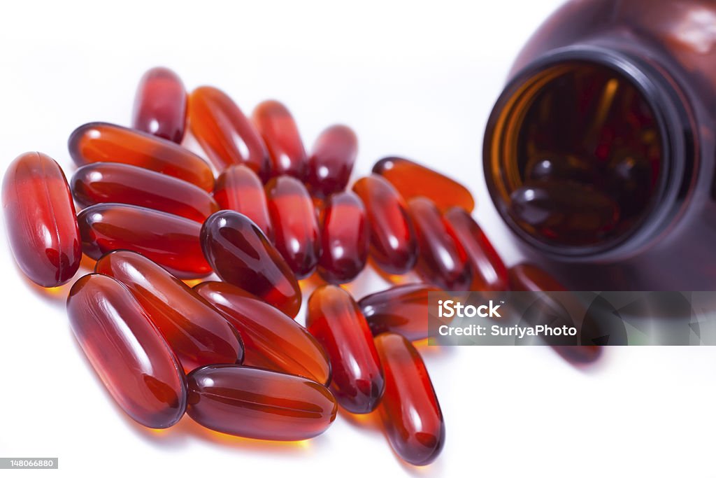 Composition with capsules of lecithin Bottle Stock Photo