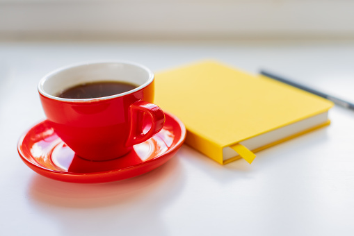 Mornings starts with tea and a journal. Concept of working from home and healthy lifestyle.