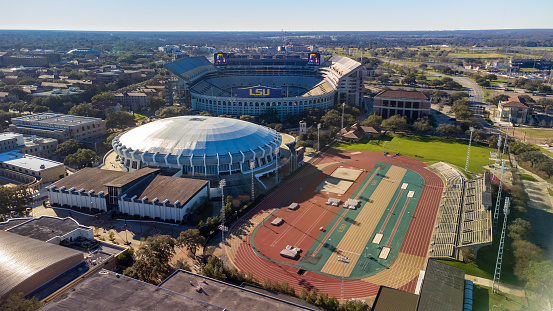 Baton Rouge, LA - February 2023:Baton Rouge, LA - February 2023: The Pete Maravich Assembly Center, Tiger Stadium, and track and field, on LSU campus in Baton Rouge, LA