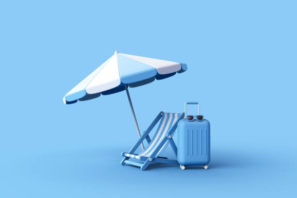 istock Suitcase, glasses, umbrella and Striped deck chair on blue background. 1480674089
