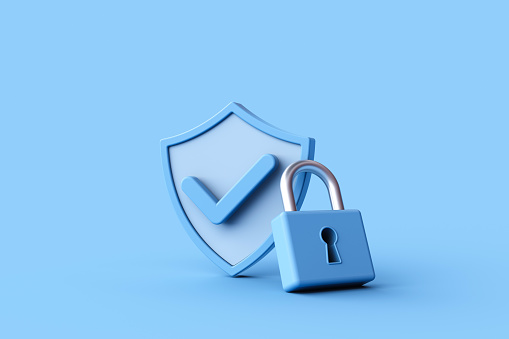 3d rendering of Security shield check mark with lock sign