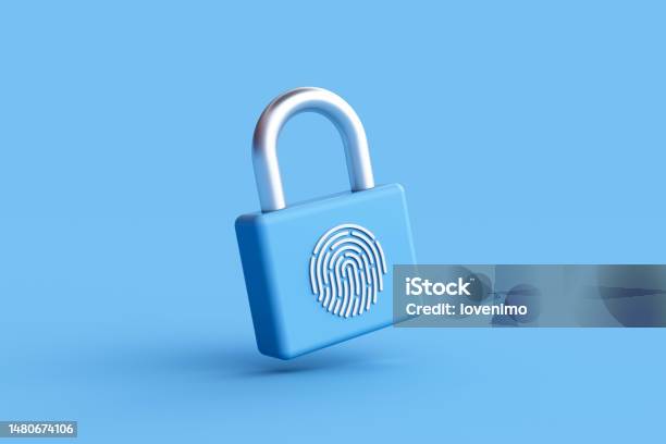 3d Rendering Of Fingerprint Padlock On Blue Background Stock Photo - Download Image Now