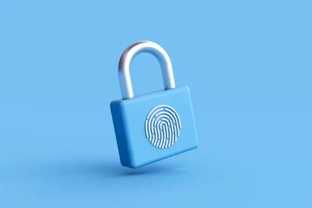Photo of 3d rendering of Fingerprint padlock on blue background.