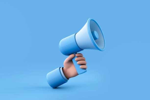 istock 3d rendering Cartoon character hand holding megaphone. 1480674116
