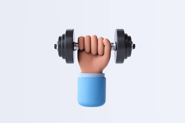 istock 3d rendering Cartoon character hand holding dumbbell. 1480674123