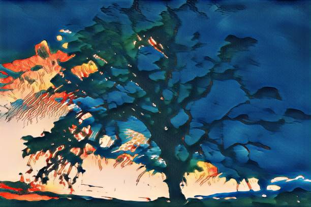 oil painting of a sunset or even night view of a majestic oak tree and a vibrant japanese sky