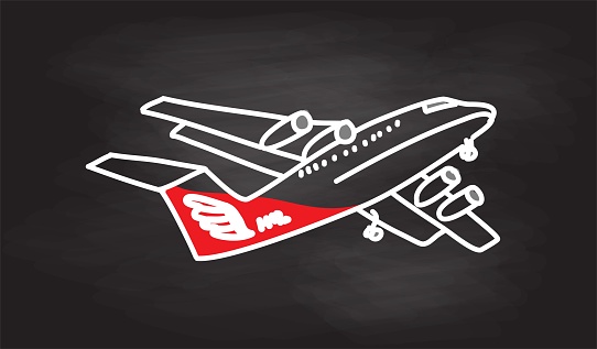 A commercial plane taking flight in the skies, on to new travel destinations with lots of passengers. This plane features a sketched logo. Climb aboard and come on an amazing adventure. Hand drawn sketch designed vector image.