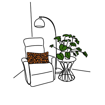 furniture in the living room with reading chair/recliner and lamp with end table with a plant to complete this drawing of a cool mcm decor