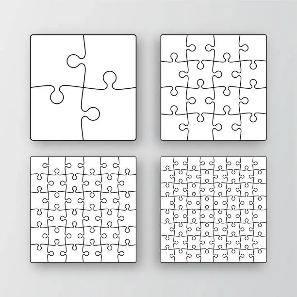 Vector illustration of Puzzle grid set. Collection of different sizes jigsaw outline templates. Simple mosaic layout with separate shapes.