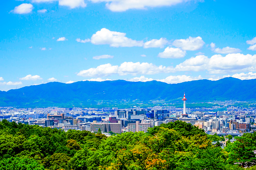 Kyoto cityscape with blue sky
