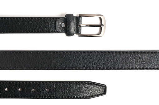 Parts black leather belt on white background, isolate