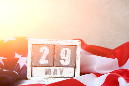 May 29, calendar on background flag United States America, memorial Day concept