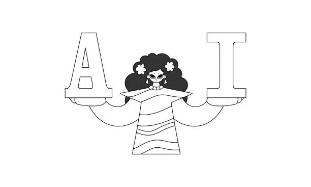 Vector illustration of She holds AIletters, symbolizing AI theme, in vector linear style